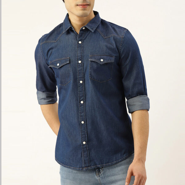 Navy Blue Slim Fit Casual Denim Shirt